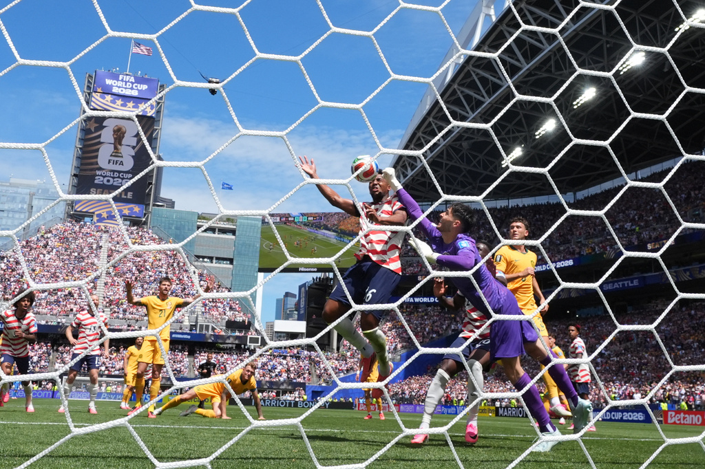United States' Alex Freeman (16) scores their second goal during the World Cup Group D soccer match between the United States and Australia in Seattle, Friday, June 19, 2026. (AP Photo/Lindsey Wasson)