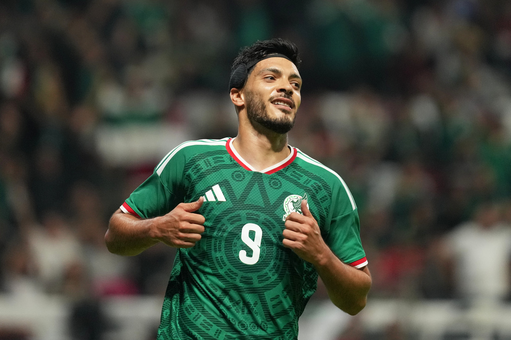 Mexico's Raúl Jiménez celebrates after Serbia's Stefan Bukinac scored an own goal during an international friendly soccer match in Toluca, Mexico, Thursday, June 4, 2026. (AP Photo/Fernando Llano)