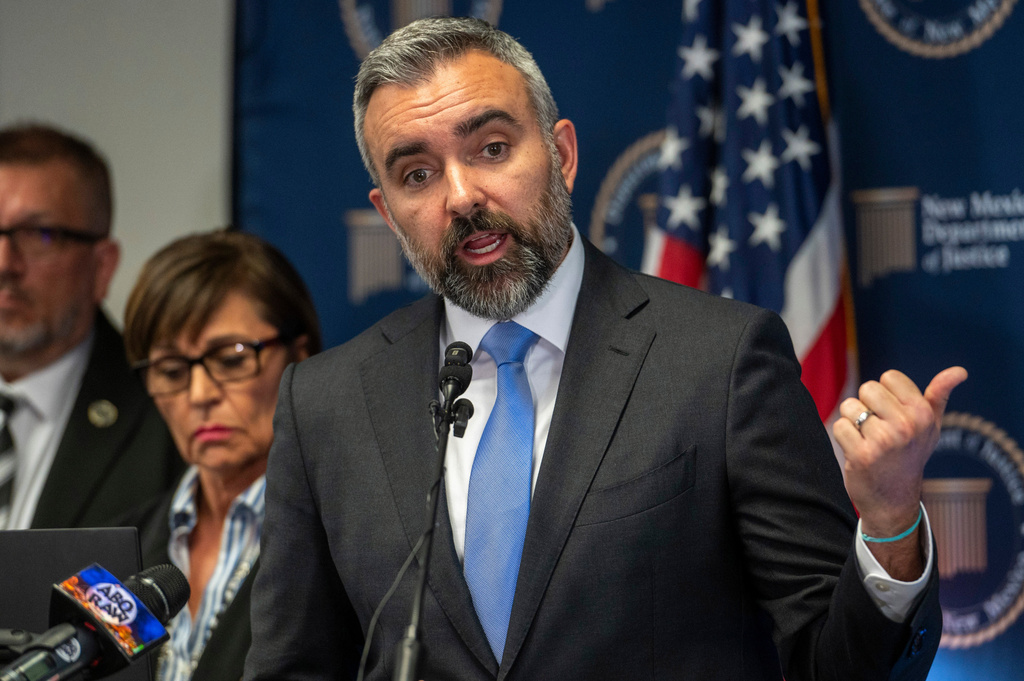 FILE - New Mexico Attorney General Raúl Torrez speaks on Wednesday, May 8, 2024, in Albuquerque, N.M. (Jon Austria/The Albuquerque Journal via AP, File)