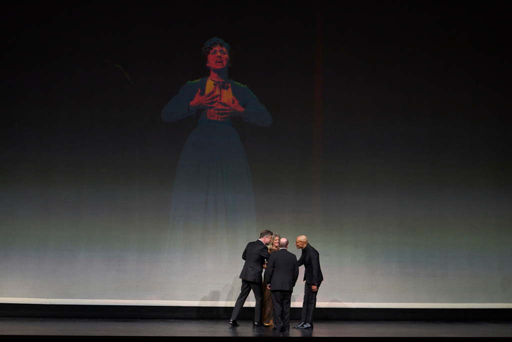 Winners of the category musical Theater receive their award during the International Opera Awards, held at the Greek National Opera, in Athens, Thursday, Nov. 13, 2025. (AP Photo/Petros Giannakouris)