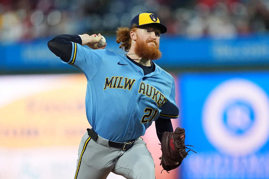Milwaukee Brewers' Dustin May pitches during the first inning of a baseball game against the Philadelphia Phillies, Tuesday, Sept. 22, 2026, in Philadelphia. (AP Photo/Matt Rourke)