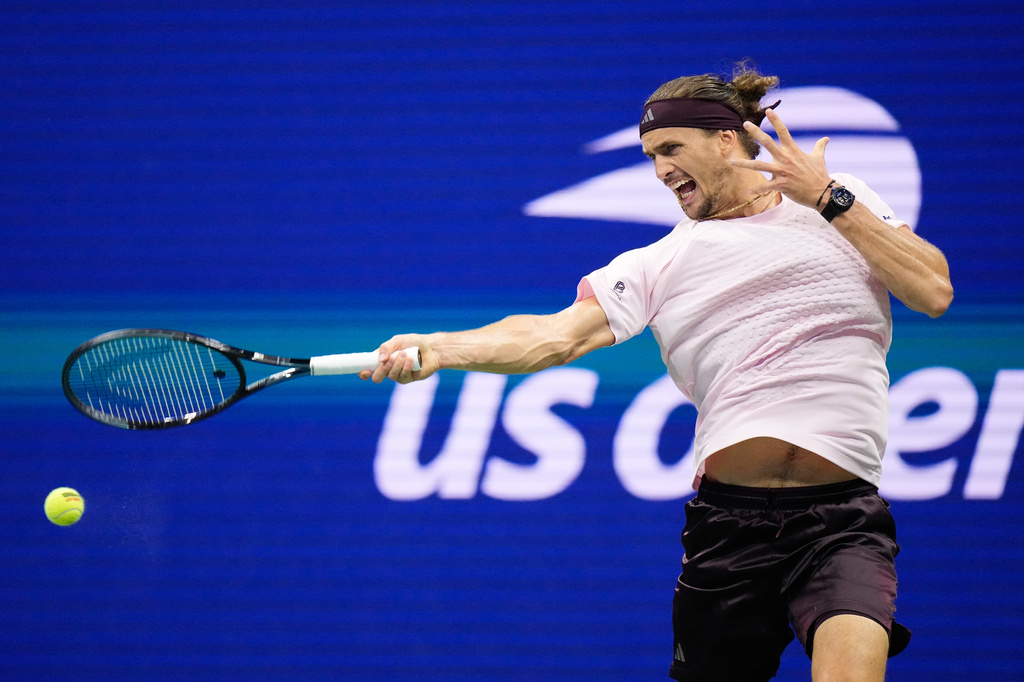 Alexander Zverev, of Germany, returns to Botic van de Zandschulp, of the Netherlands, during the quarterfinal round of the U.S. Open tennis championships, Wednesday, Sept. 9, 2026, in New York. (AP Photo/Frank Franklin II)