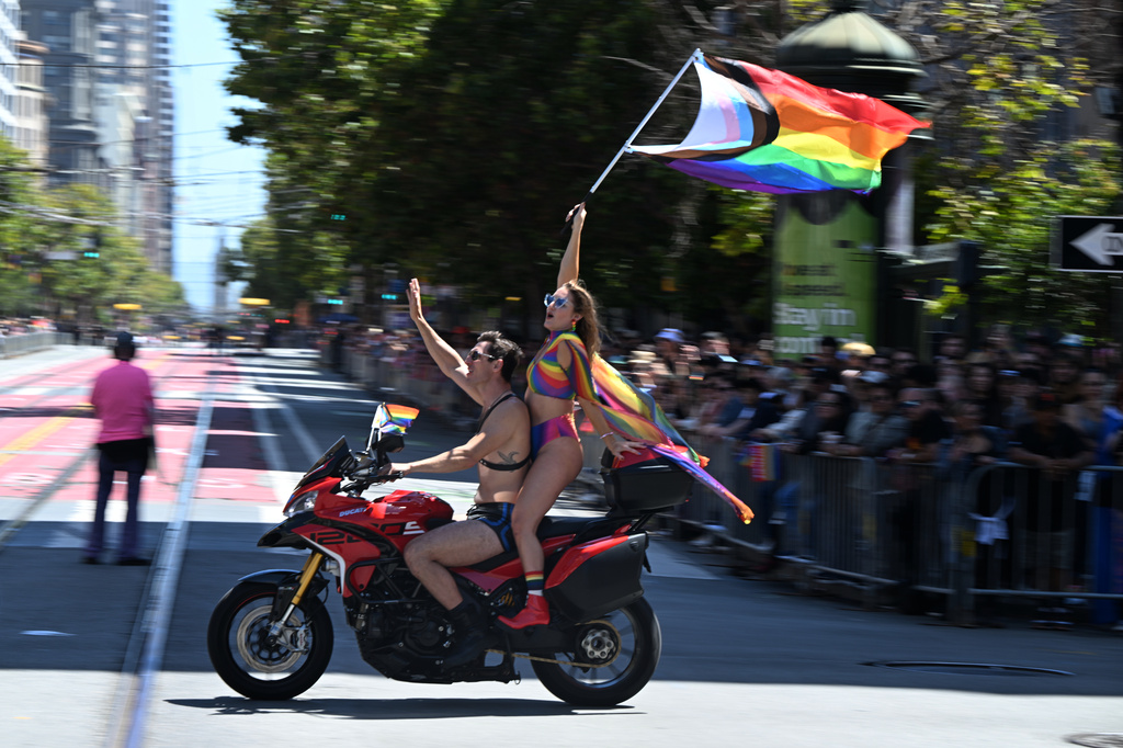 Revelers attend the annual Pride Parade in San Francisco, Sunday, June 28, 2026. (AP Photo/Nic Coury)
