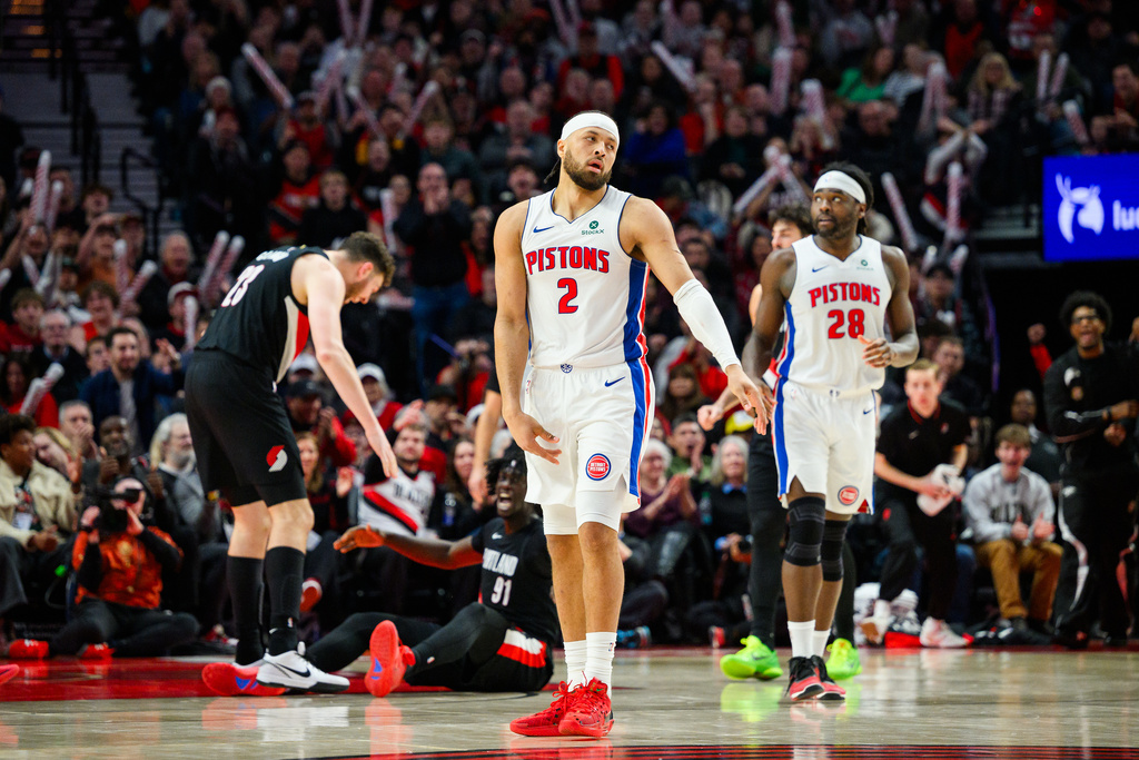 Detroit Pistons guard Cade Cunningham (2) reacts to fouling out of the game during the second half of an NBA basketball game against the Portland Trail Blazers, Monday, Dec. 22, 2025, in Portland, Ore. (AP Photo/Molly J. Smith)