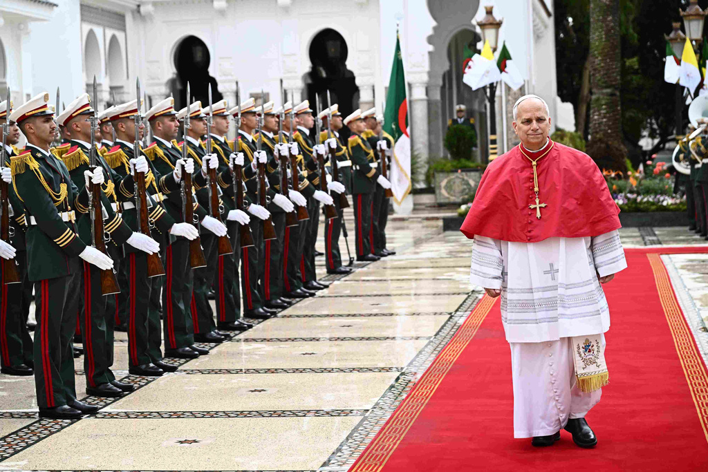 Pope Leo XIV arrives at the El Mouradia Presidential Palace in Algiers, Monday, April 13, 2026, at the start of an 11-day apostolic journey to Africa. (Luca Zennaro/Pool Photo via AP)