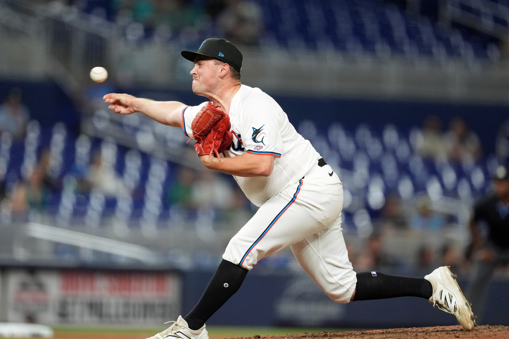Miami Marlins pitcher William Kempner pitches during the eighth inning of a baseball game against the Baltimore Orioles, Tuesday, May 5, 2026, in Miami. (AP Photo/Rebecca Blackwell)