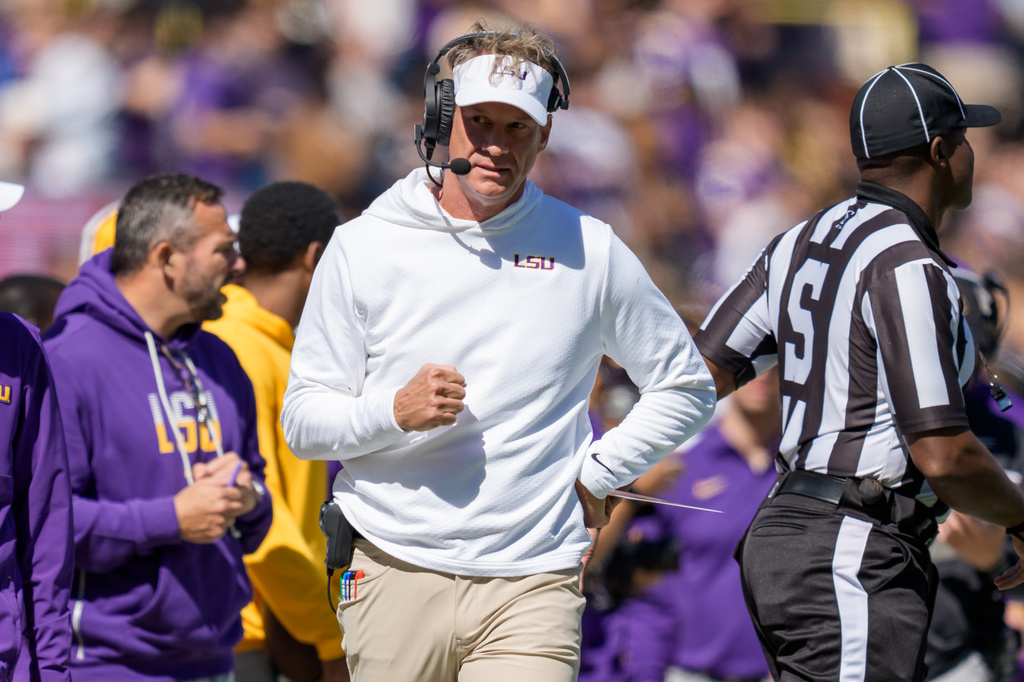 LSU head coach Lane Kiffin reacts during the first half of an NCAA college football game against Mississippi State in Baton Rouge, La., Saturday, Oct. 17, 2026. (AP Photo/Matthew Hinton)