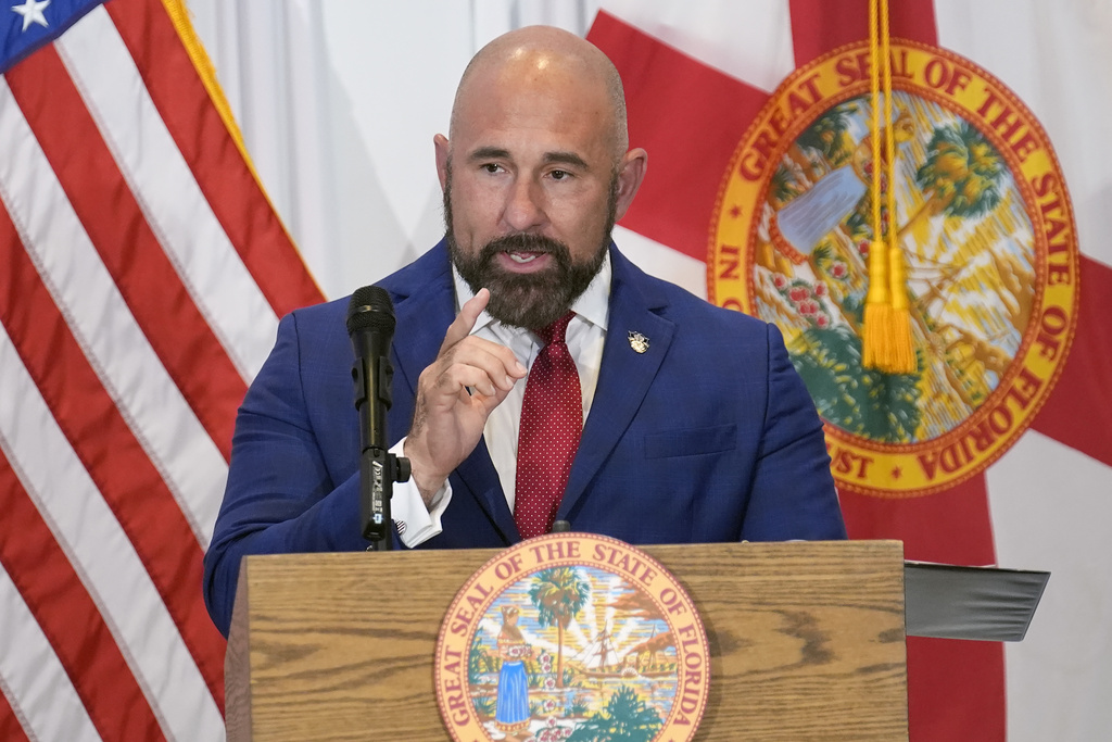 Florida Senator Jay Collins (R-District 14) gestures as he speaks to the crowd after being sworn in as the new Lieutenant Governor of Florida during a news conference Tuesday, Aug. 12, 2025, in Tampa, Fla. (AP Photo/Chris O'Meara)