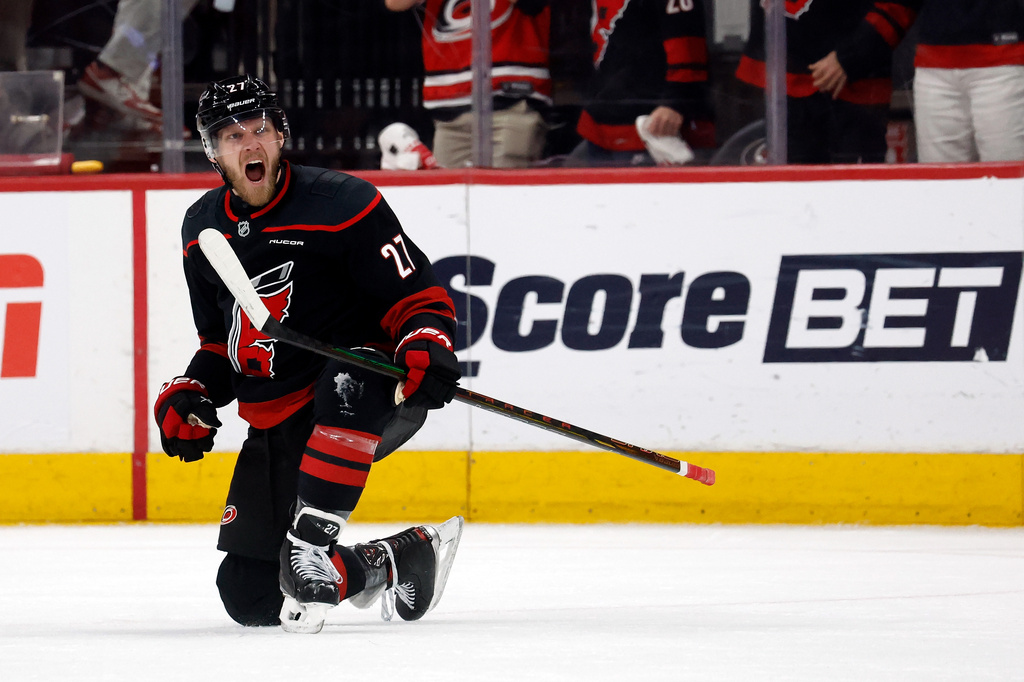 Carolina Hurricanes' Nikolaj Ehlers celebrates after his goal during the first period of Game 2 of an NHL hockey Stanley Cup second-round playoff series against the Philadelphia Flyers in Raleigh, N.C., Monday, May 4, 2026. (AP Photo/Karl DeBlaker)