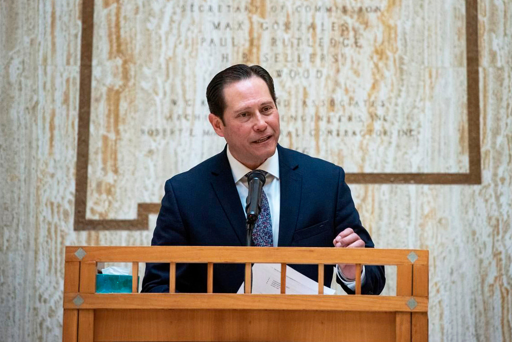 James Mountain emcees an American Indian Day event in Santa Fe on Feb. 3, 2023. (Eddie Moore/The Albuquerque Journal via AP)