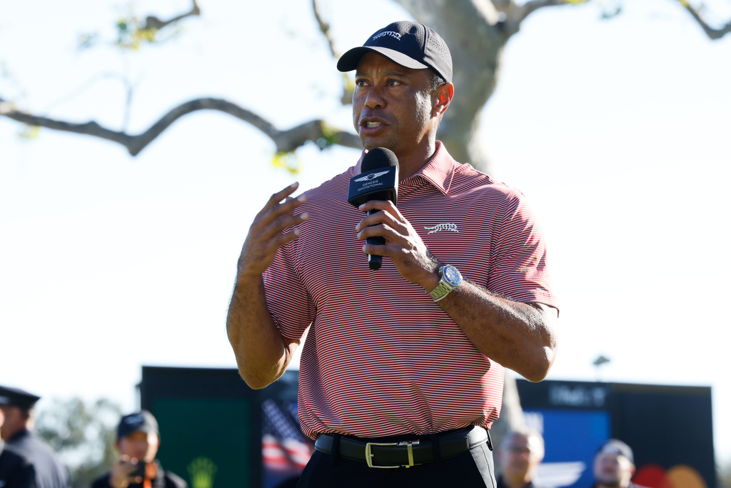 Tiger Woods speaks after the final round of the Genesis Invitational golf tournament at Riviera Country Club, Sunday, Feb. 22, 2026, in the Pacific Palisades area of Los Angeles. (AP Photo/Caroline Brehman)