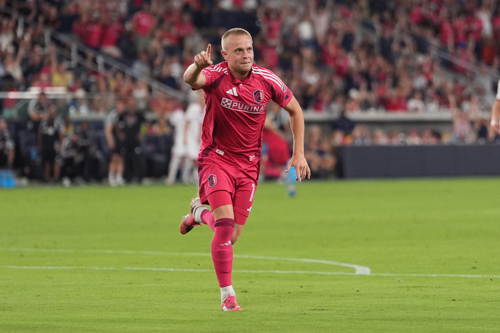 St. Louis City's Tomas Totland celebrates after scoring during the second half of an MLS soccer match against Toronto FC Saturday, Sept. 19, 2026, in St. Louis. (AP Photo/Jeff Roberson)