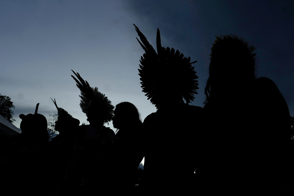 Kayapo people gather at the Acampamento Terra Livre, an Indigenous mobilization event focused on land rights and environmental protection, in Brasilia, Brazil, Sunday, April 5, 2026. (AP Photo/Eraldo Peres)
