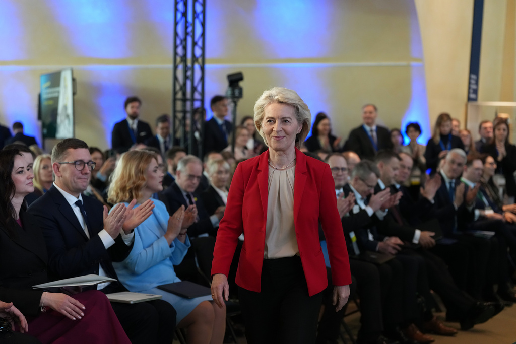European Commission President Ursula von der Leyen prepares to address the audience during a high level event on the Eastern Border Regions Strategy at EU headquarters in Brussels, Thursday, Feb. 26, 2026. (AP Photo/Virginia Mayo)