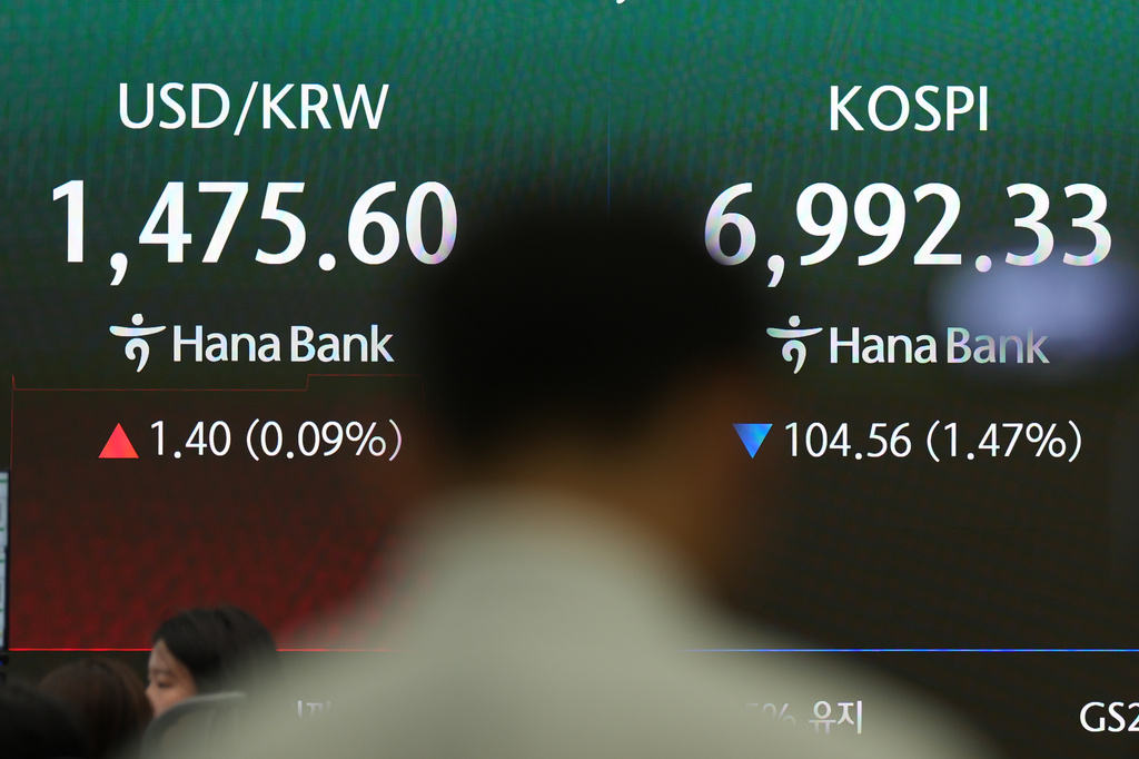 A TV cameraman prepares to film near the screens showing the Korea Composite Stock Price Index (KOSPI) and the foreign exchange rate between U.S. dollar and South Korean won at a dealing room of Hana Bank in Seoul, South Korea, Friday, July 24, 2026. (AP Photo/Lee Jin-man)