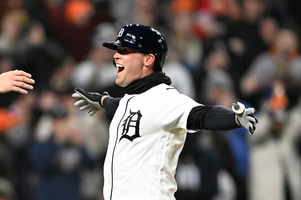 Detroit Tigers' Kerry Carpenter reacts after hitting a two-run home run in the third inning of a baseball game against the St. Louis Cardinals, Sunday, April 5, 2026, in Detroit. (AP Photo/Jose Juarez)