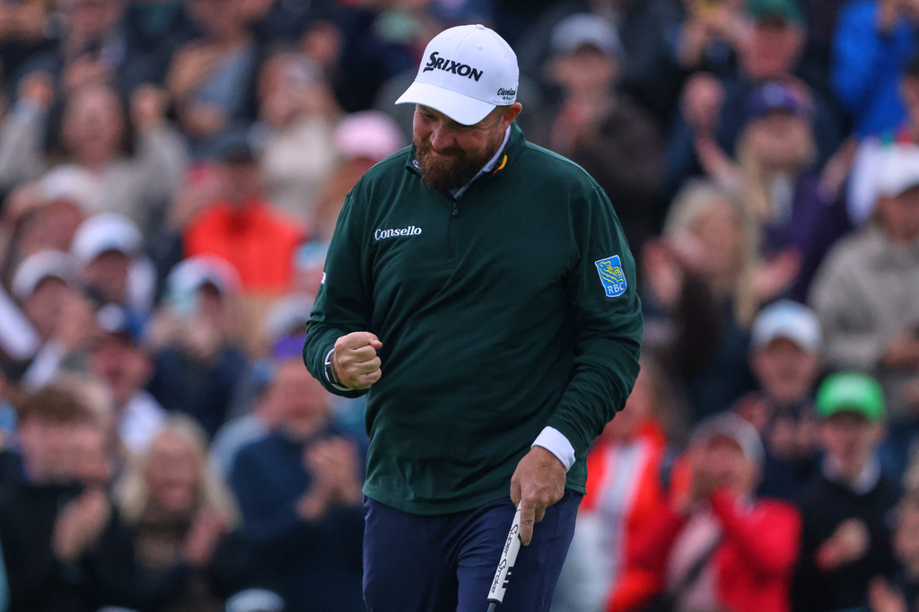 Shane Lowry of Ireland reacts during the Irish Open at Trump International Golf Links in Doonbeg, Ireland, Saturday, Sept. 12, 2026.(AP Photo/Peter Morrison)