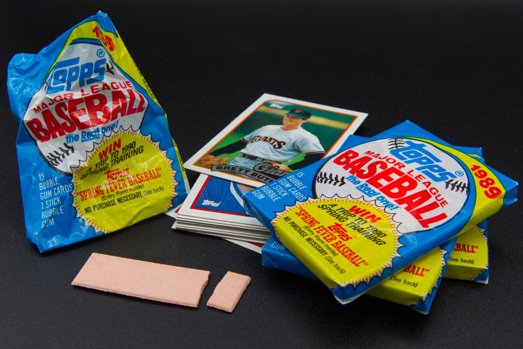 Baseball trading cards, gum and packs are displayed, Wednesday July 15, 2026 in Phoenix. (AP Photo/Dario Lopez-Mills)