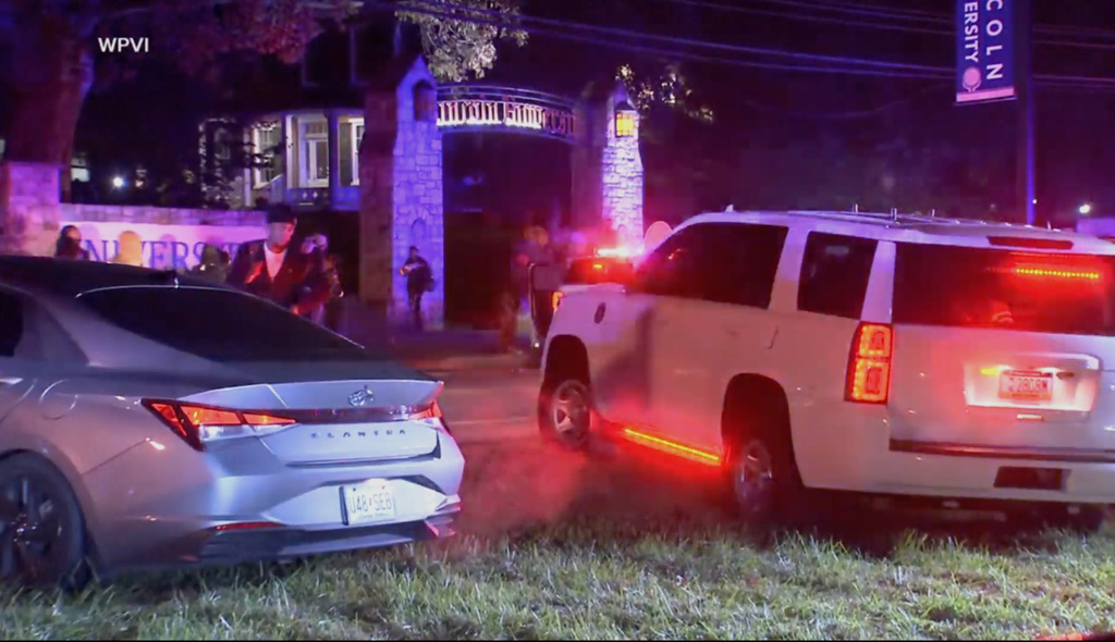 Law enforcement are seen outside Pennsylvania’s Lincoln University after a deadly shooting late Saturday, Oct, 25, 2025 near Oxford, Pa. (WPVI-TV via AP)