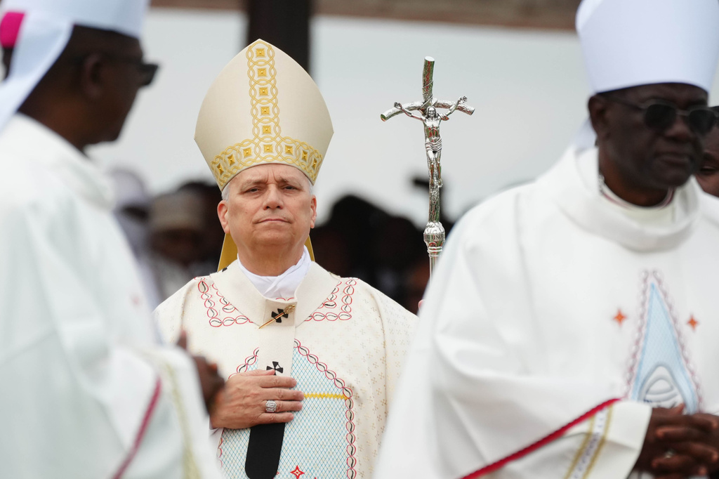 Pope Leo XIV arrives in procession to celebrate Mass at Yaounde Ville Airport, Cameroon, Saturday, April 18, 2026 on the sixth day of his 11-day pastoral visit to Africa. (AP Photo/Andrew Medichini)