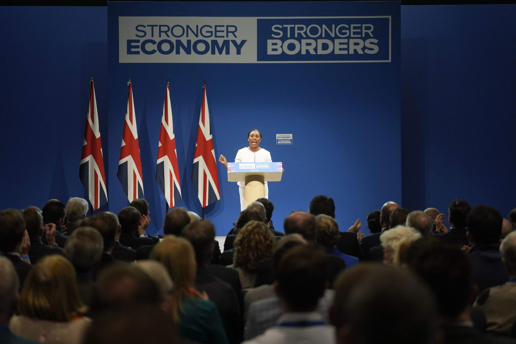 Britain's Conservative Party leader Kemi Badenoch delivers her keynote speech to the Conservative Party Conference at the Manchester Central Convention Complex, in Manchester, England, Wednesday, Oct. 8, 2025. (Danny Lawson/PA via AP)