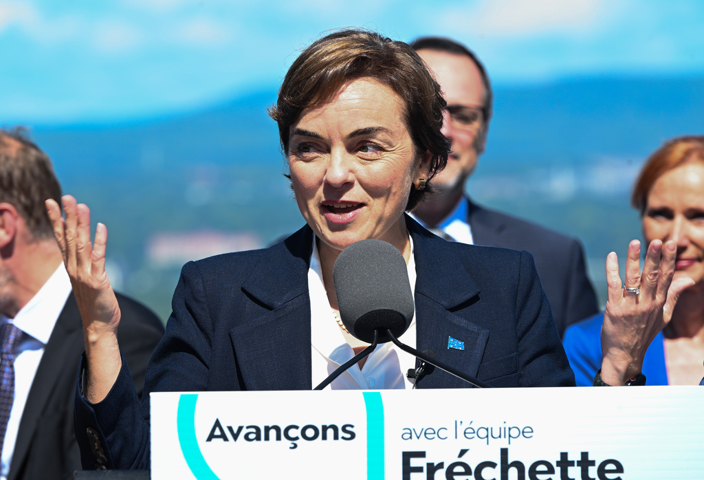 Coalition Avenir Quebec Leader Christine Frechette speaks during a news conference after calling a general election in Quebec City, on Thursday, Aug. 27, 2026. (Jacques B/The Canadian Press via AP)