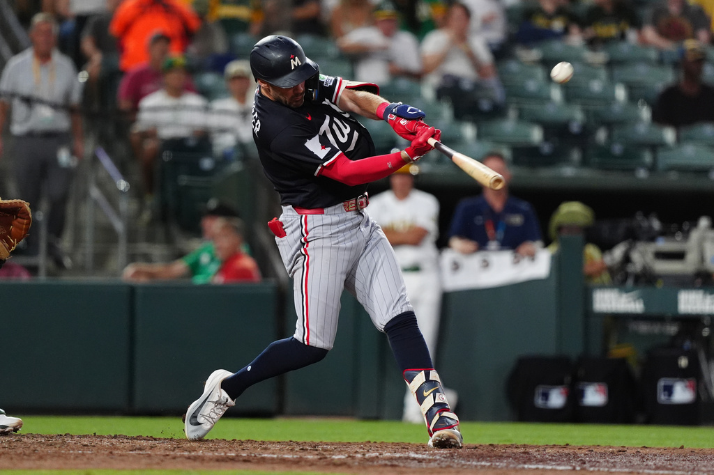 Minnesota Twins' Ryan Kreidler hits a solo home run in the top of the fifth inning during a baseball game against the Athletics, Monday, Aug. 24, 2026, in West Sacramento, Calif. (AP Photo/Alan Greth)