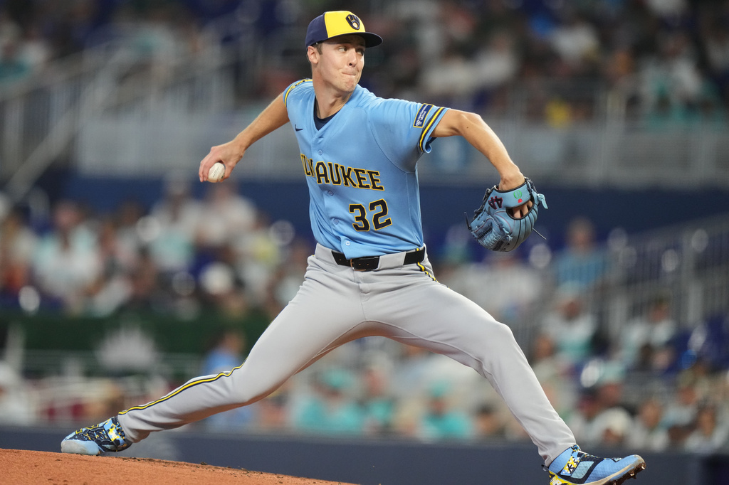 Milwaukee Brewers pitcher Jacob Misiorowski throws during the first inning of a baseball game against the Miami Marlins, Sunday, April 19, 2026, in Miami. (AP Photo/Lynne Sladky)