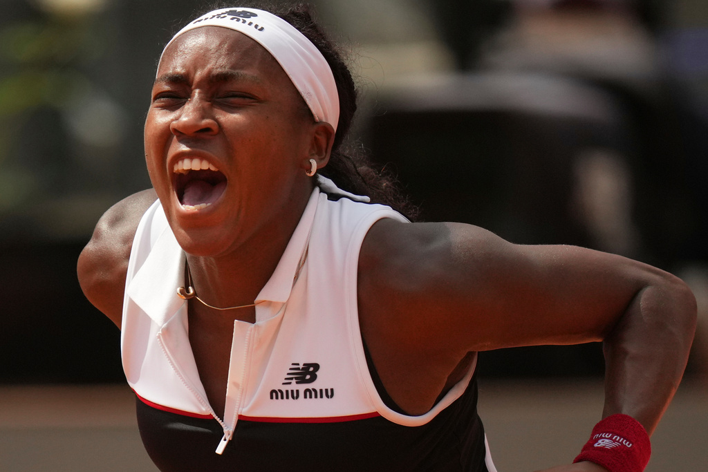 FILE - United States' Coco Gauff celebrates after defeating Mirra Andreeva in their tennis match at the Italian Open at the Foro Italico in Rome, May 14, 2025. (AP Photo/Alessandra Tarantino, File)