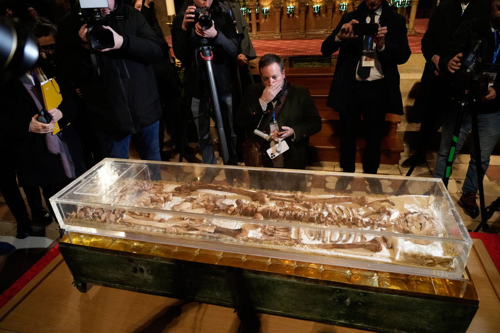 Journalists record the remains of Francis of Assisi inside the Basilica of St. Francis of Assisi in Assisi, Italy, Saturday, Feb. 21, 2026, on the eve of a public exposition beginning Feb. 22 to mark the 800th anniversary of his death in 1226. (AP Photo/Gregorio Borgia)