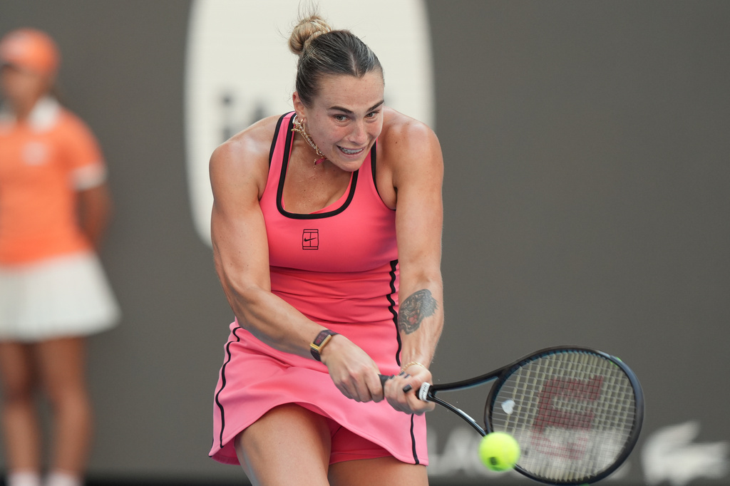 Aryna Sabalenka returns to Coco Gauff during the women's singles final at the Miami Open tennis tournament, Saturday, March 28, 2026, in Miami Gardens, Fla. (AP Photo/Marta Lavandier)