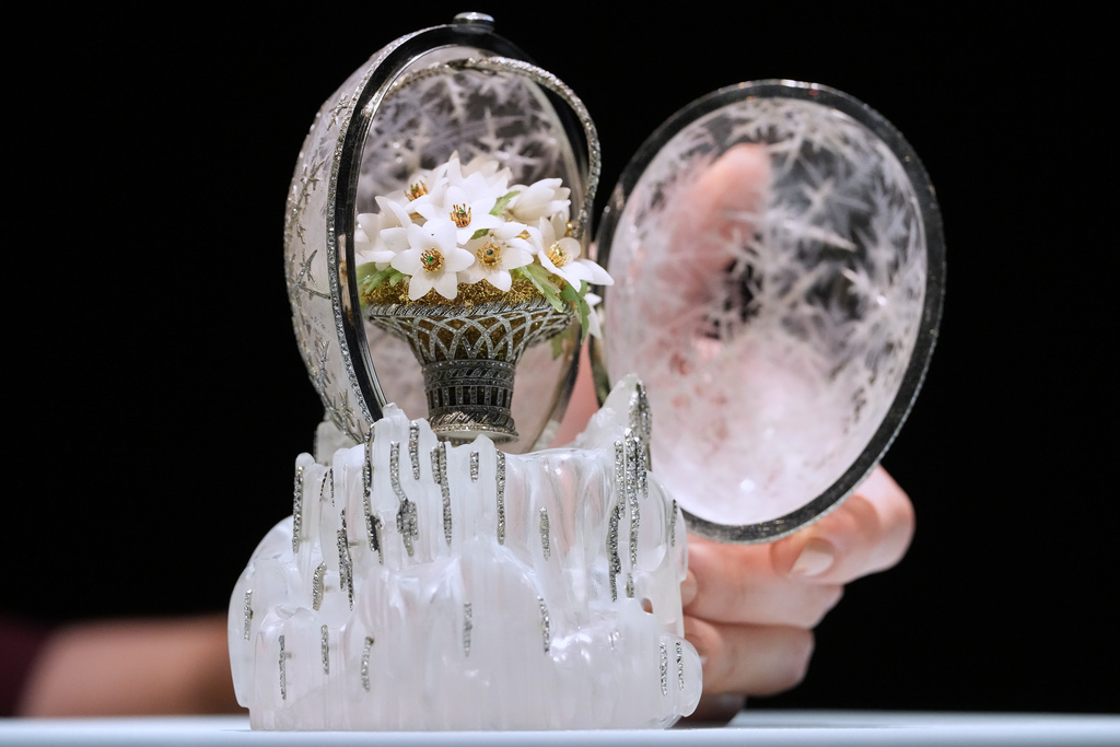 The Winter Egg by Faberge is displayed at Christie's auction rooms in London, Thursday, Nov. 27, 2025, it is expected to sell for in excess of 20 million UK Pounds when it is auctioned on Dec. 2. (AP Photo/Kirsty Wigglesworth)