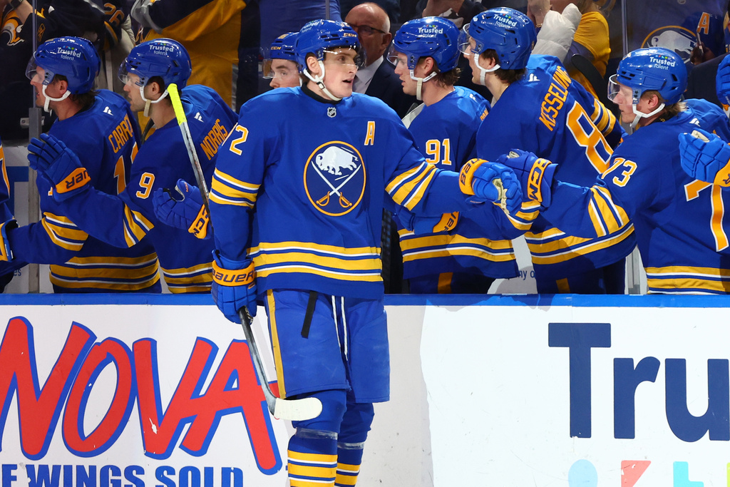 Buffalo Sabres center Tage Thompson (72) celebrates his goal during the second period of an NHL hockey game against the Nashville Predators, Saturday, March 7, 2026, in Buffalo, N.Y. (AP Photo/Jeffrey T. Barnes)