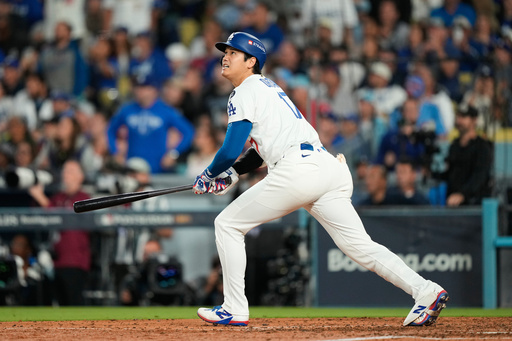Los Angeles Dodgers' Shohei Ohtani flies out during the seventh inning in Game 3 of baseball's National League Division Series against the Philadelphia Phillies, Wednesday, Oct. 8, 2025, in Los Angeles. (AP Photo/Mark J. Terrill) Los Angeles Dodgers' Shohei Ohtani flies out during the seventh inning in Game 3 of baseball's National League Division Series against the Philadelphia Phillies, Wednesday, Oct. 8, 2025, in Los Angeles. (AP Photo/Mark J. Terrill)