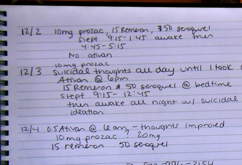 A page from a notebook kept by Lindsay Clancy in which she documents her medications and feelings during Clancy's murder trial at Plymouth Superior Court in Plymouth, Mass., Monday, Aug. 3, 2026. (Greg Derr/The Patriot Ledger via AP, Pool)