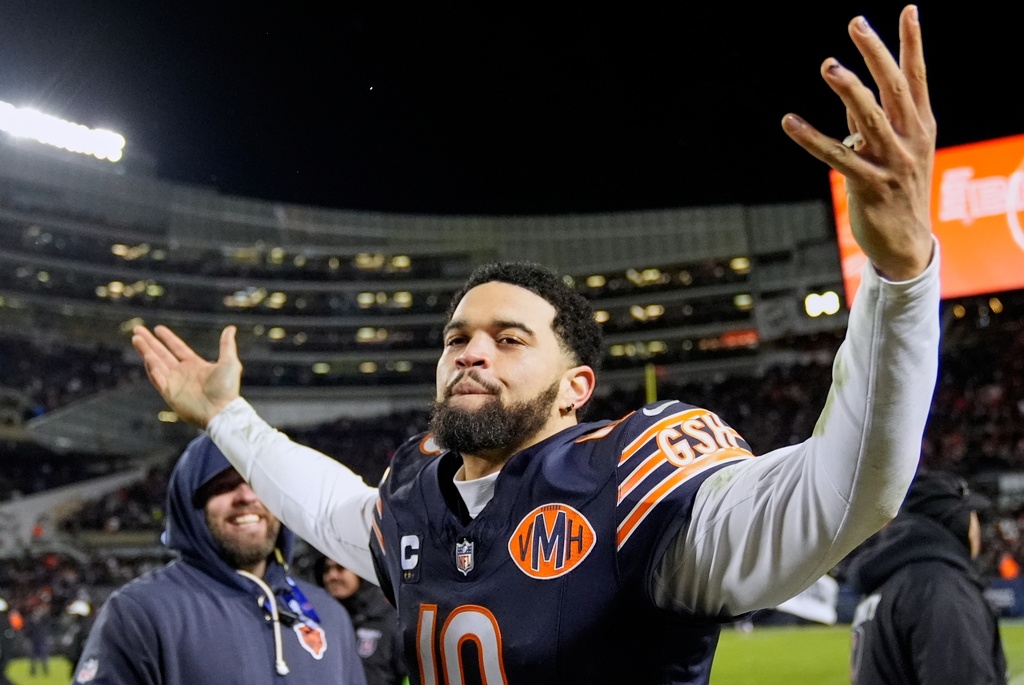 Chicago Bears' Caleb Williams celebrates after an NFL wild-card playoff football game against the Green Bay Packers Saturday, Jan. 10, 2026, in Chicago. (AP Photo/Erin Hooley)