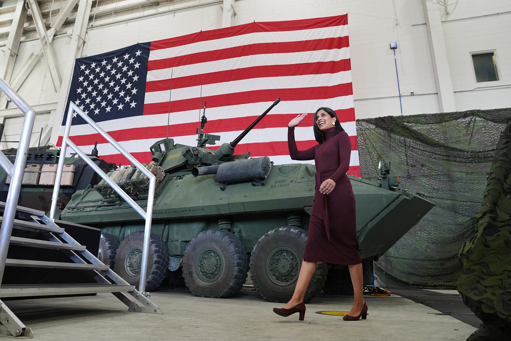 Second lady Usha Vance arrives to speak in the Mega Hangar at the Marine Corps Air Station New River in Jacksonville, N.C., Wednesday, Nov. 19, 2025. (AP Photo/Matt Rourke)