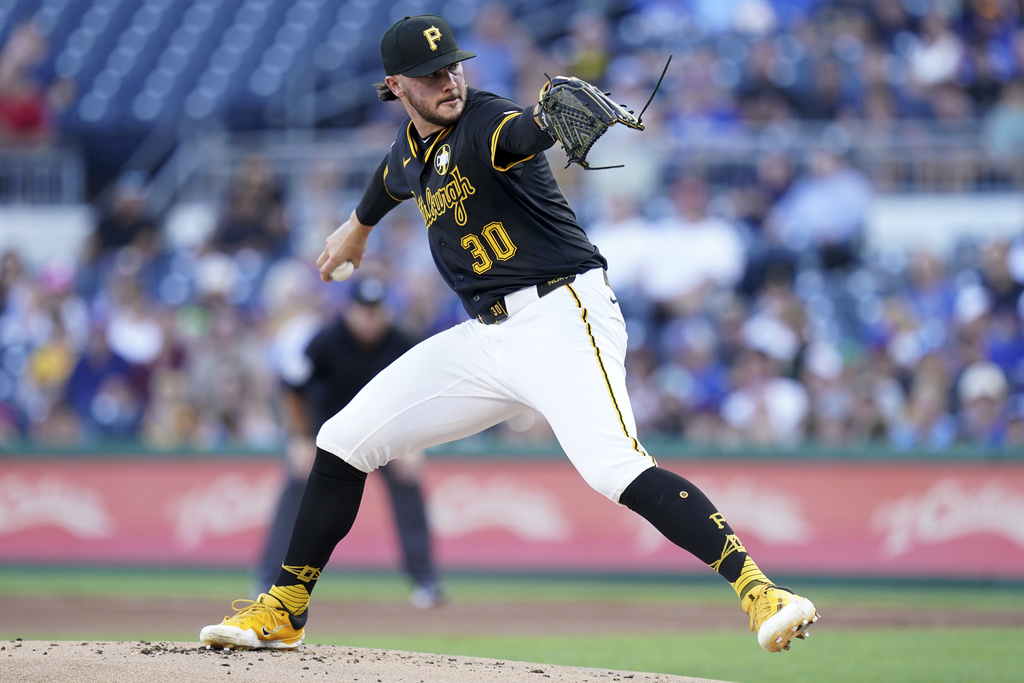 Pittsburgh Pirates pitcher Paul Skenes delivers during the first inning of a baseball game against the Toronto Blue Jays, Monday, Aug. 18, 2025, in Pittsburgh. (AP Photo/Matt Freed)