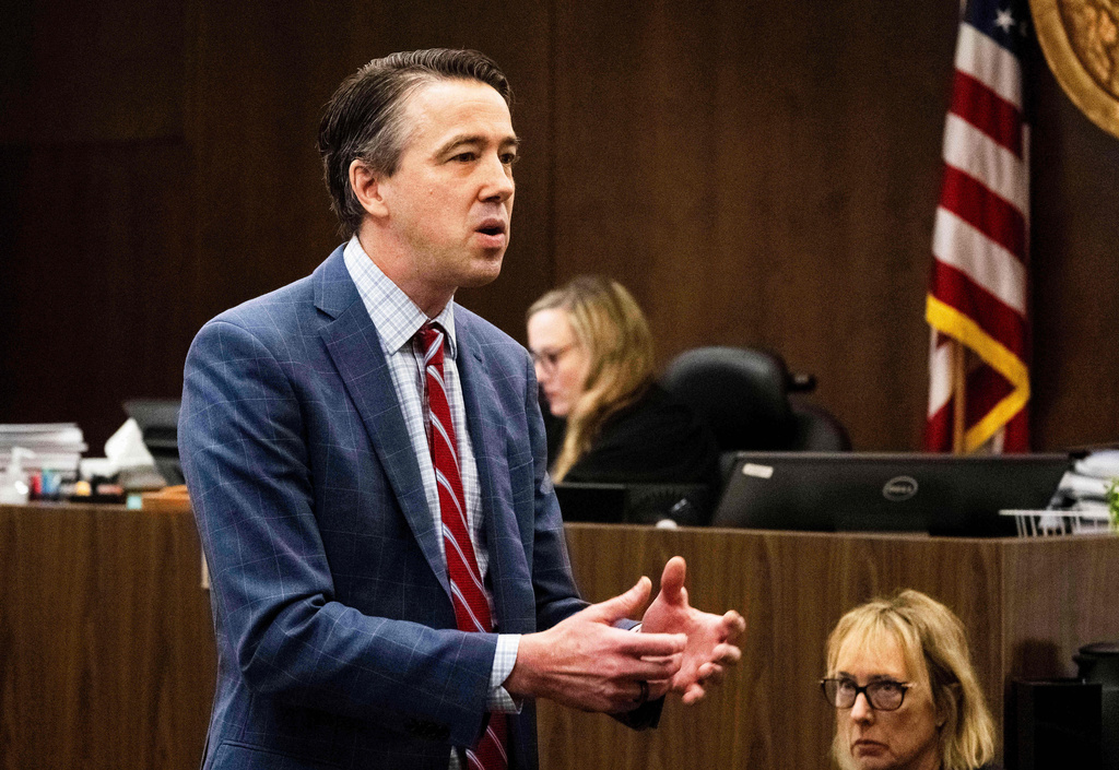 Attorney Daniel Dutko gives his closing arguments in the wrongful death lawsuit by the family of pitcher Tyler Skaggs against the Los Angeles Angels in Orange County Superior Court in Santa Ana, Calif., Monday, Dec. 15, 2025. (Paul Bersebach/The Orange County Register via AP, Pool)