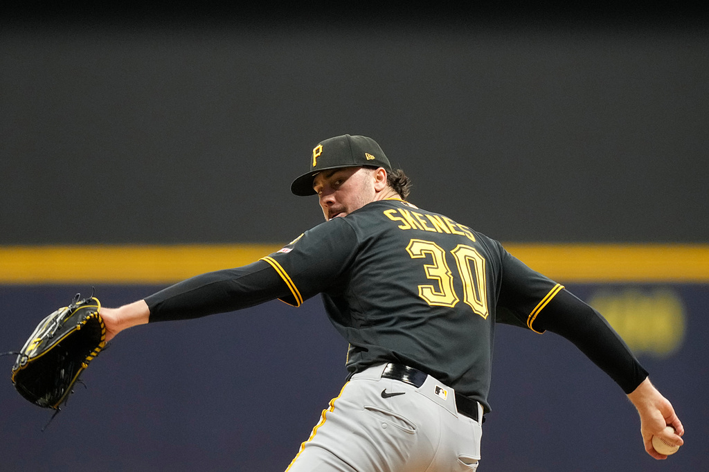 Pittsburgh Pirates pitcher Paul Skenes throws during the fifth inning of a baseball game against the Milwaukee Brewers, Friday, April 24, 2026, in Milwaukee. (AP Photo/Kayla Wolf)