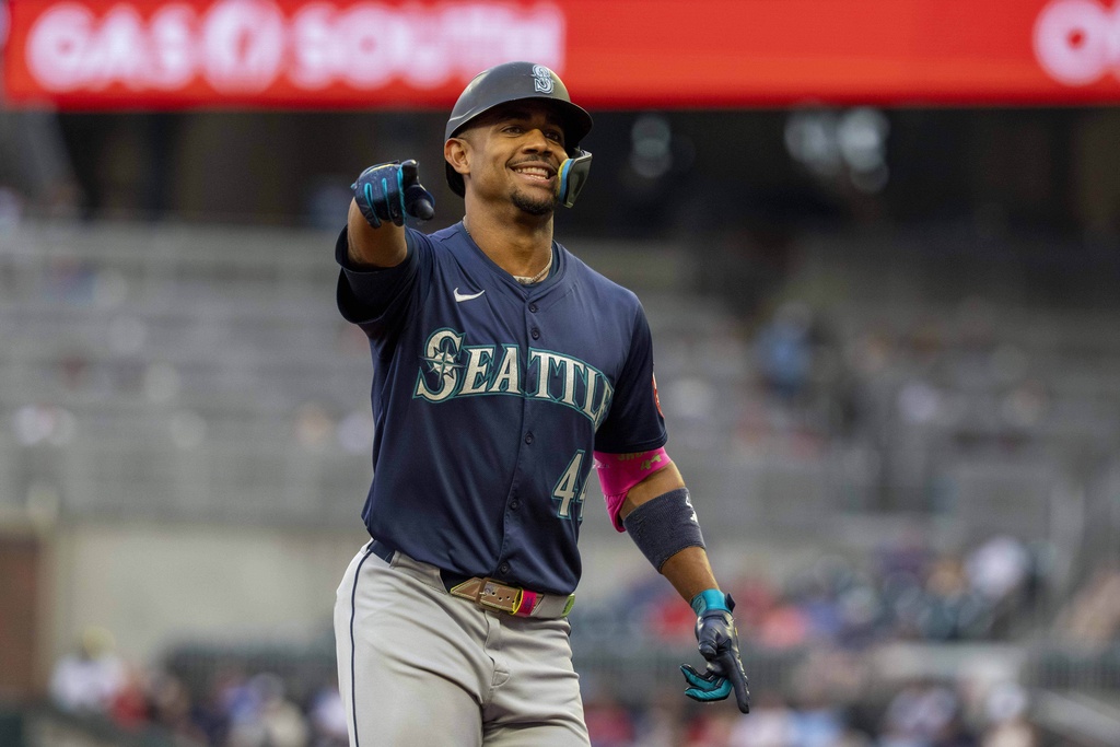 Seattle Mariners outfielder Julio Rodríguez (44) celebrates after a home run during the first inning of a baseball game against the Atlanta Braves Saturday, Sept. 6, 2025, in Atlanta. (AP Photo/Erik Rank)