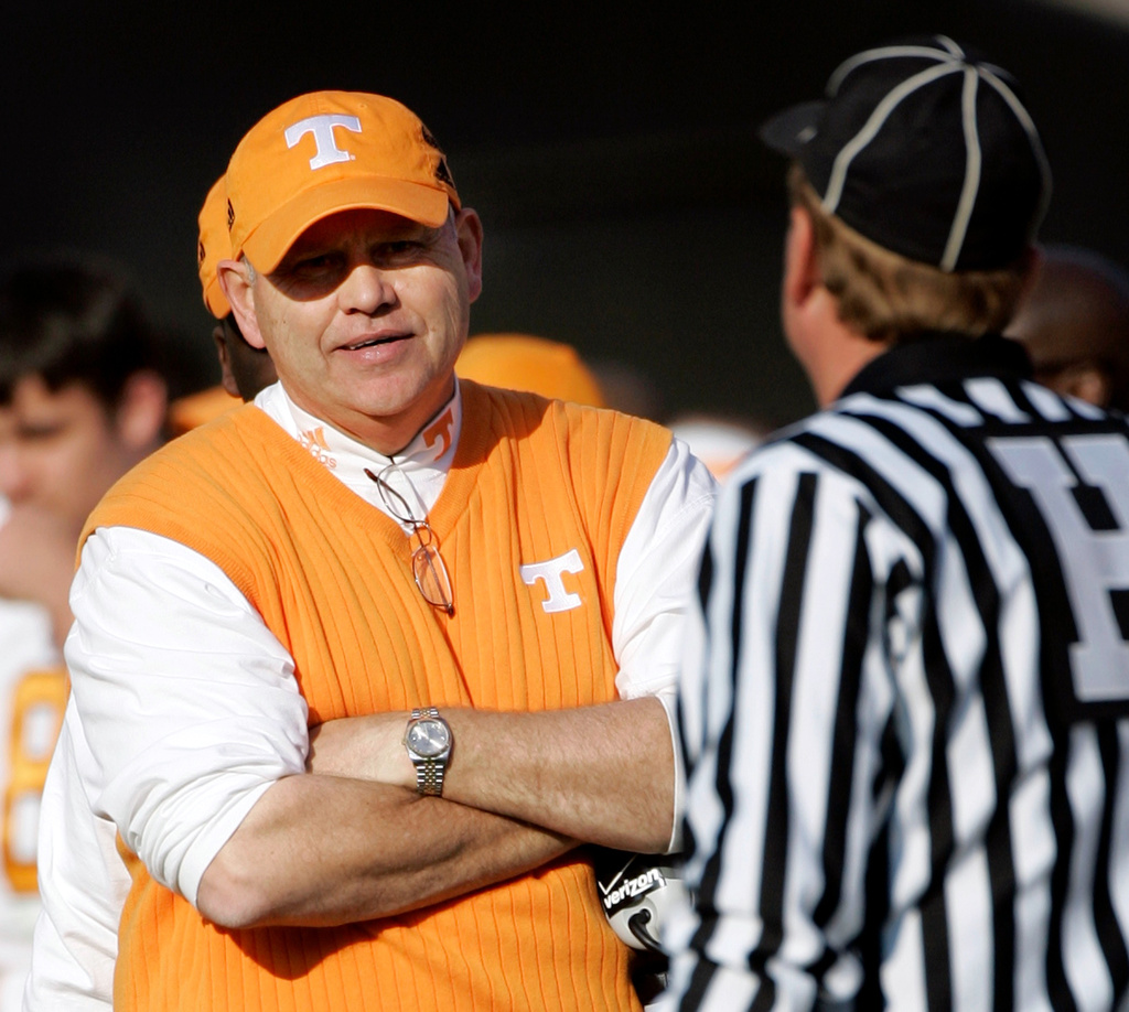 FILE - Tennessee head coach Phillip Fulmer questions a referee about a call in the fourth quarter of a college football game against Vanderbilt in Nashville, Tenn., on Nov. 18, 2006. (AP Photo/Mark Humphrey, File)