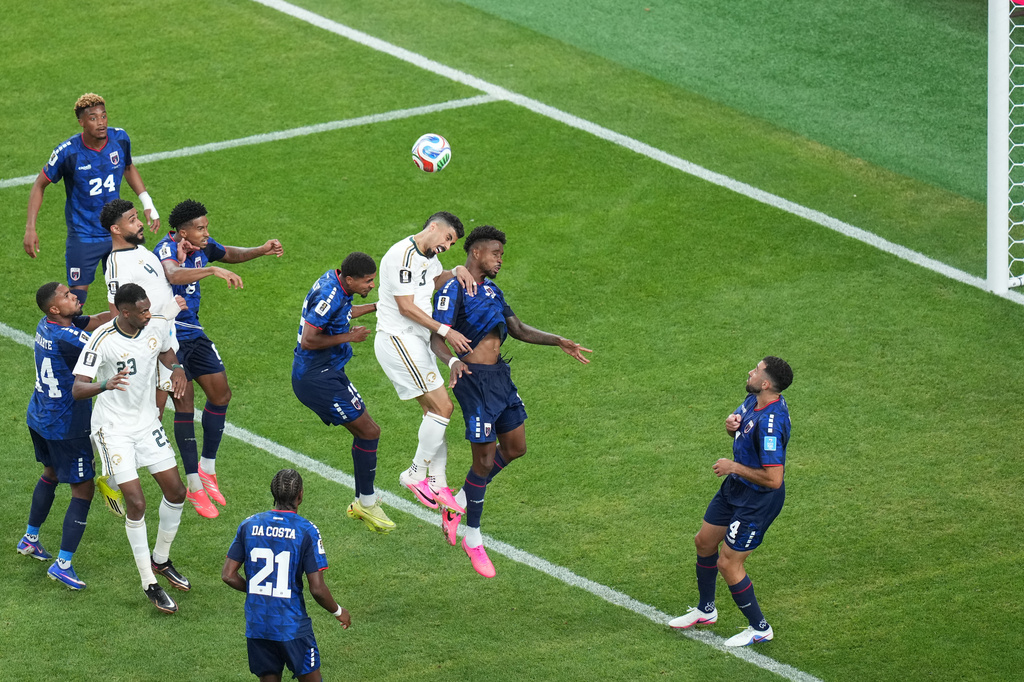 Saudi Arabia's Ali Lajami (3) battles for a header on a corner kick with Cape Verde's Diney Borges (3) during the World Cup Group H soccer match between Cape Verde and Saudi Arabia in Houston, Friday, June 26, 2026. (AP Photo/Eric Gay)