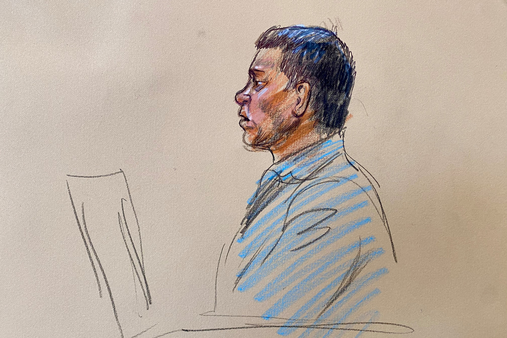 This courtroom sketch depicts government witness Prem Chhetri, a former security guard at the Canadian Embassy in Kabul, Afghanistan, testifying during the opening day of the trial for alleged Islamic State militant Mohammad Sharifullah in federal court in Alexandria, Va., Monday, April 20, 2026. (Dana Verkouteren via AP)