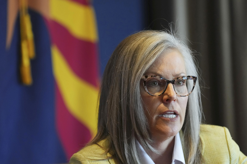 FILE - Democratic Arizona Gov. Katie Hobbs talks about the legislative session and other top issues in Arizona during an interview at the Capitol, July 10, 2025, in Phoenix. (AP Photo/Ross D. Franklin, File)