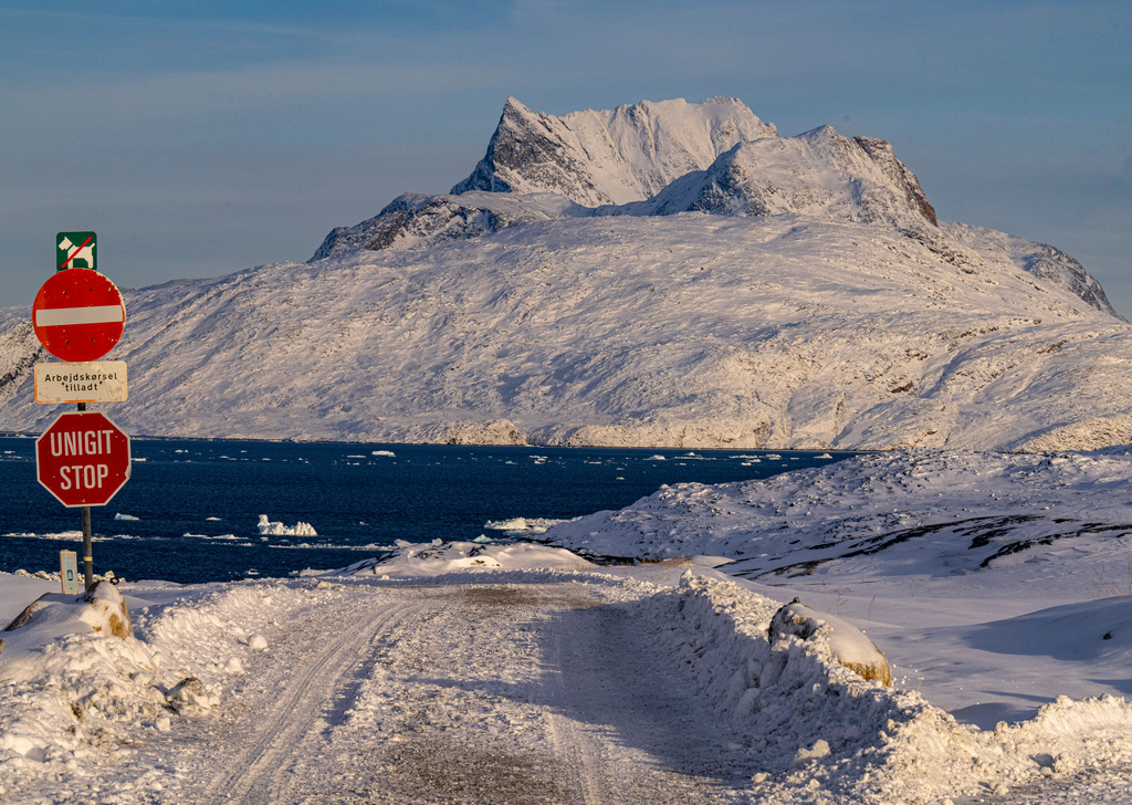 Road signs are seen in Nuuk, Greenland, Friday, Feb. 6, 2026. (Christinne Muschi /The Canadian Press via AP)