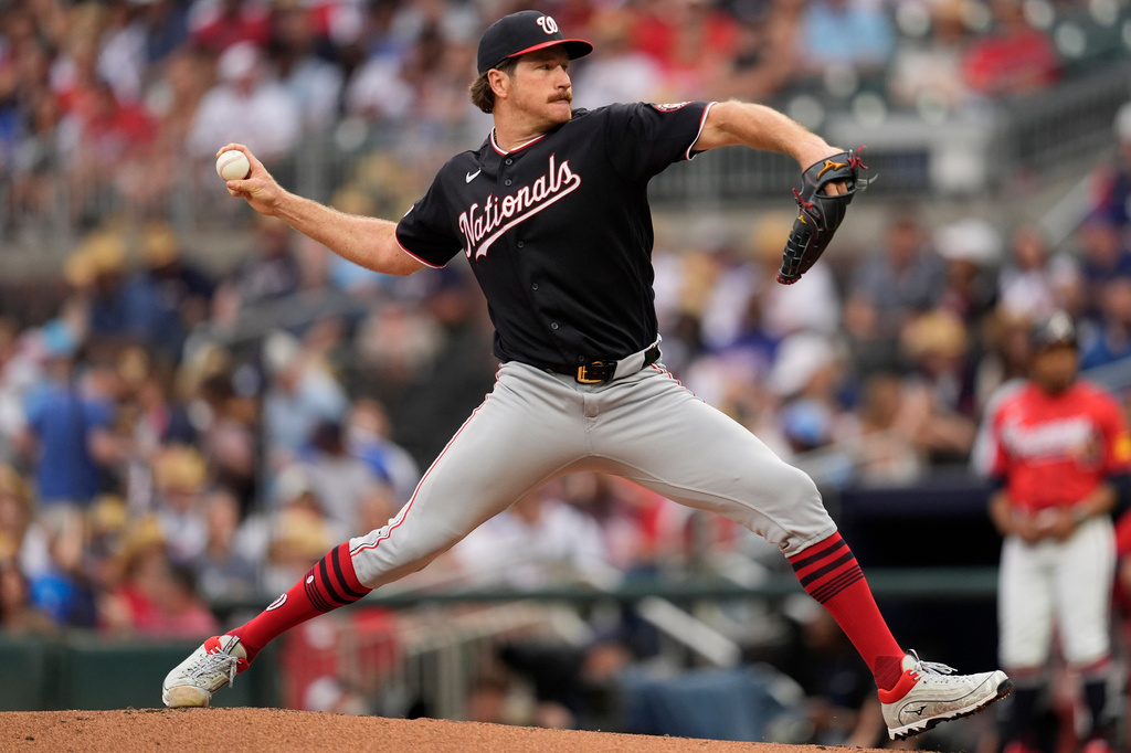 Washington Nationals pitcher Miles Mikolas works in the second inning of a baseball game against the Atlanta Braves, Friday, May 22, 2026, in Atlanta. (AP Photo/Mike Stewart)