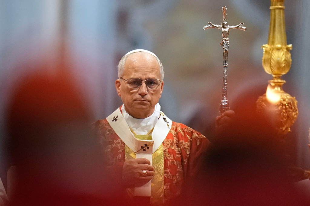 Pope Leo XIV celebrates a Mass in St. Peter's Basilica at the Vatican, Monday, June 29, 2026, where he confers the pallium on newly appointed metropolitan archbishops. (AP Photo/Alessandra Tarantino)