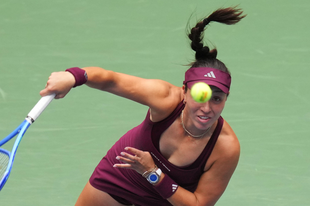 Jessica Pegula, of the United States, serves the ball to Sofia Kenin, of the United States, during the second round of the U.S. Open tennis championships Wednesday, Sept. 2, 2026, in New York. (AP Photo/Kirsty Wigglesworth)