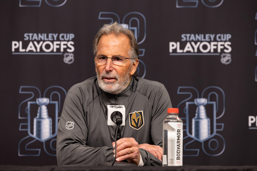 Vegas Golden Knights head coach John Tortorella speaks after the game win against the Utah Mammoth of Game 6 in the first round of an NHL hockey Stanley Cup playoff series, Friday, May 1, 2026, in Salt Lake City. (AP Photo/Melissa Majchrzak)